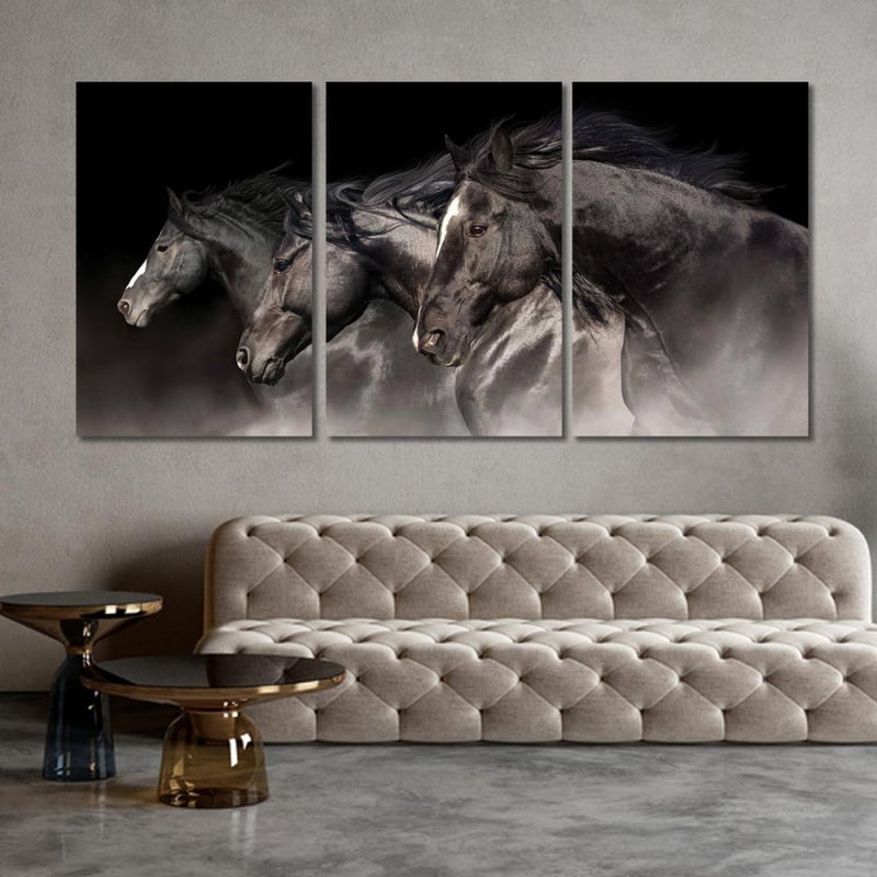 Marktna Three modern canvas paintings with a horse design and a hollow frame, measuring (150×70), three pieces - Image 1
