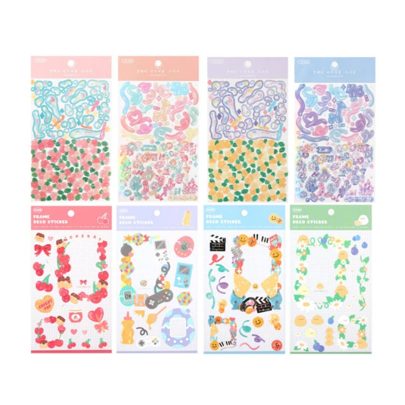 Cute Essential Kawaii Aesthetic Stationery Sticker Pack  8 Sheets 258 Stickers  for Planners journals scrapbooks Gifts Kpop photocards polocos Frame Removable Confetti Flowers Bubble