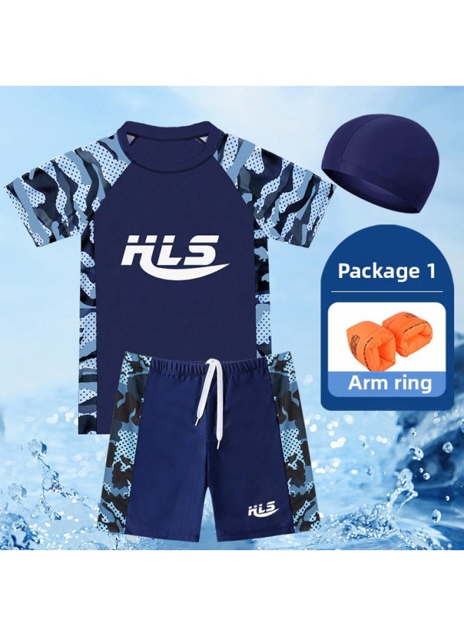 Loquat Children's Swimming Trunks Boys' Quick-drying Swimming Trunks Beach Teenagers Professional Swimming Trunks Training Middle And Big Children Boxer Shorts-Color:906 Camouflage Gray + Arm Ring (with Sw  - Image 1