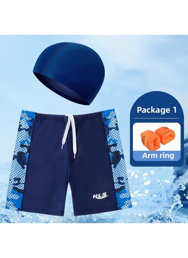 Loquat Children's Swimming Trunks Boys' Quick-drying Swimming Trunks Beach Teenagers Professional Swimming Trunks Training Middle And Big Children Boxer Shorts-Color:906 Camouflage Gray + Arm Ring (with Sw  - Image 3