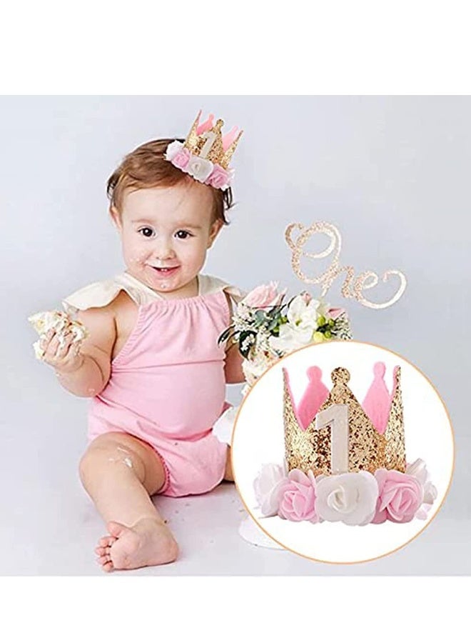 Baby Girl 1 Birthday Crown for Baby, Hat Girl Decorations First for Baby Gifts Rose Gold Pink Crown Party One Year Old Princess Baby Hat for Handmade Birthday Crown Cap for Baby Girls Boys - Image 1