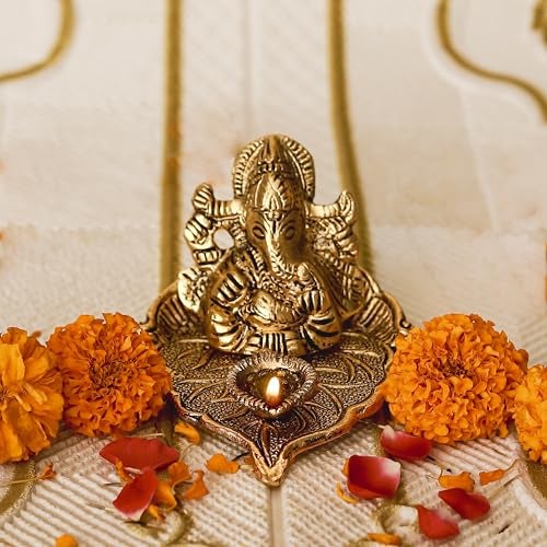 Klassic Antique Metal Ganeshaji Idol Diya Golden Patta Gold Plated for Temple Oil Lamp Home and Office, Diwali Decoration | ( Pack of 1, Golden ) - Image 1