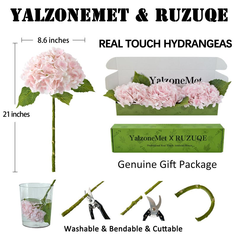 YalzoneMet 3 Pcs Real Touch Pink Hydrangea Artificial Flowers 21 inch Large Lifelike Light Latex Faux Hydrangea, Fake Flowers for Home Decoration Bridal Bouquet Wedding Decor - Image 5