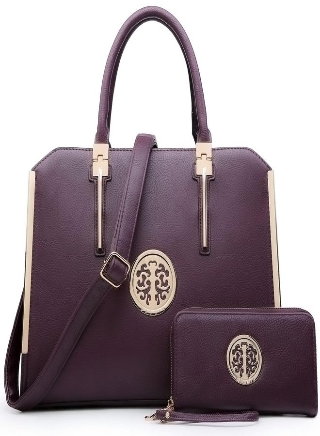 Dasein Women Large Satchel Handbag Shoulder Purse Top handle Work Bag Tote With Matching Wallet (Dark Purple) - Image 1