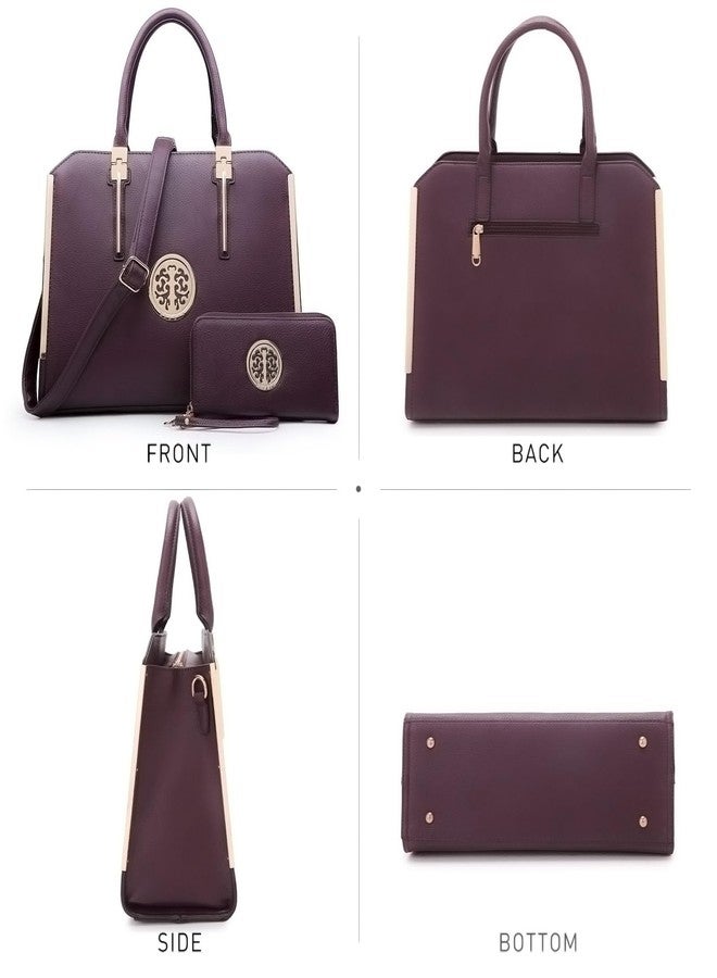 Dasein Women Large Satchel Handbag Shoulder Purse Top handle Work Bag Tote With Matching Wallet (Dark Purple) - Image 4