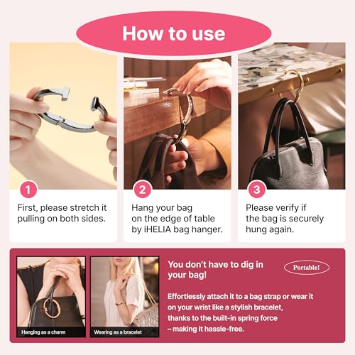 iHELIA Purse Hook Hanger for Table (Modern) - Premium Bag Holder w/Ergonomic Bracelet Oval Design (Silver) - Image 3