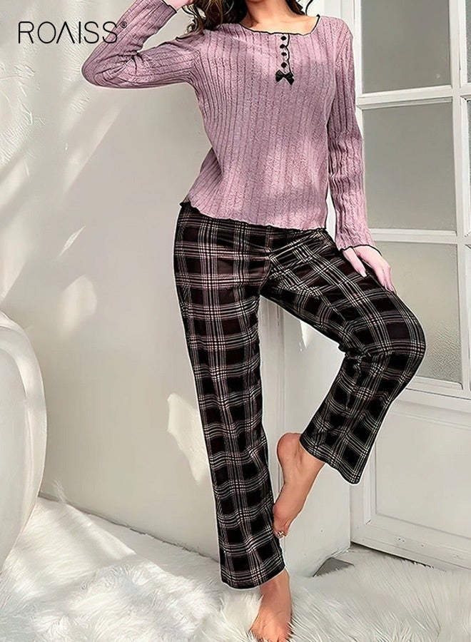 roaiss Women's Comfy Pajama Sets Long-Sleeve Bow-Decorated Pullover Henley Shirt and Plaid Pants Loose-Fitting Loungewear Sleepwear Soft Pjs Lounge Sets for Ladies - Image 1