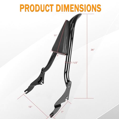 Fjpacemt 26" Height Black Sissy Bar, Detachable Passenger Backrest Rear Pad Compatible for Harley Davidson Touring Models 2009-2023 2024 Street Glide Road Glide Electra Glide Road King - Image 2