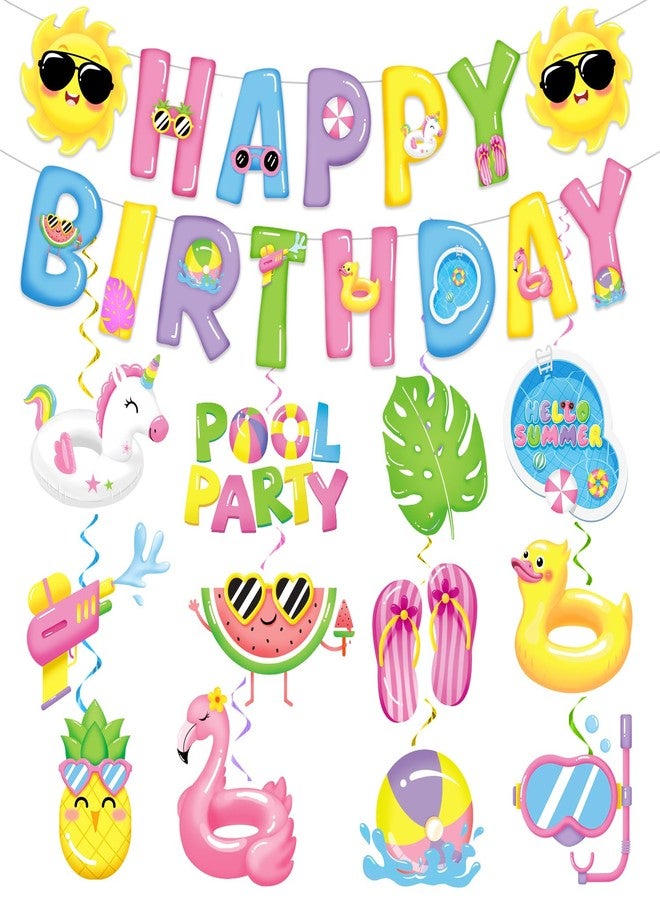 Biswiter Pool Party Decorations For Bright, Photo Ready Fun 1 Pc Pink Banner With White String Plus 12 Hanging Swirl Cutouts For Summer Celebrations - Image 1