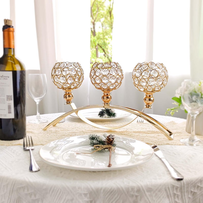kolnlala Crystal Candle Holders, Tealight Candlestick Candelabra Stand with 3 Arms,Candle Holder for Wedding Home Decor/Table Centerpiece Party Decoration (Gold) - Image 2