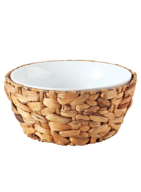 2-Piece Ceramic Round Bowl with Rattan Basket White and Brown 12.9 x 27.1 x 27.1 cm HB2178-PL