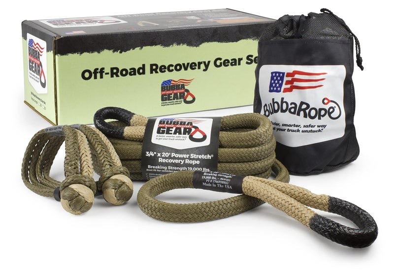 Bubba Rope HeavyDuty OffRoad Vehicle Tow Recovery Gear Set Renegade Power Stretch Recovery Rope 34 x 20  NexGen PRO GatorJaw Synthetic Shackles 38 x 65  Desert Tan