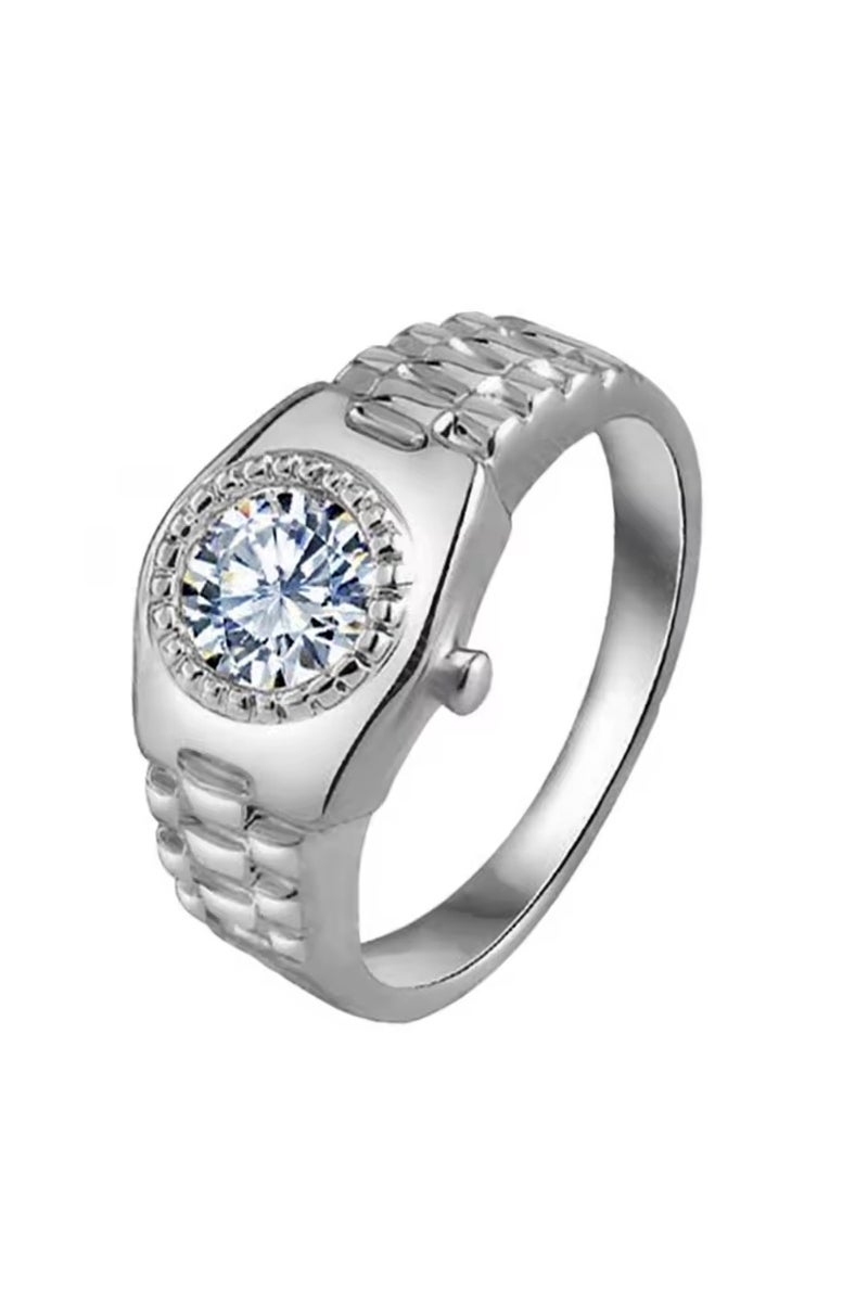 روماد خاتم نسائي فاخر مطلي بالذهب الأبيض، بتصميم دائري أنيق مستوحى من شكل الساعة، يضفي لمسة من الرقي والجاذبية على إطلالتك اليومية والمناسبات الخاصة - Image 1