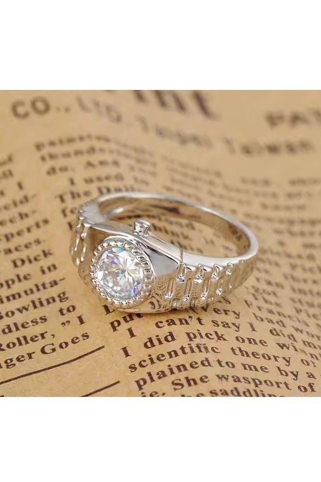 روماد خاتم نسائي فاخر مطلي بالذهب الأبيض، بتصميم دائري أنيق مستوحى من شكل الساعة، يضفي لمسة من الرقي والجاذبية على إطلالتك اليومية والمناسبات الخاصة - Image 2