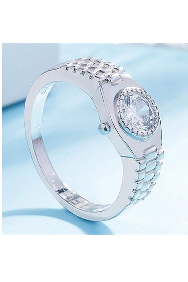 روماد خاتم نسائي فاخر مطلي بالذهب الأبيض، بتصميم دائري أنيق مستوحى من شكل الساعة، يضفي لمسة من الرقي والجاذبية على إطلالتك اليومية والمناسبات الخاصة - Image 3