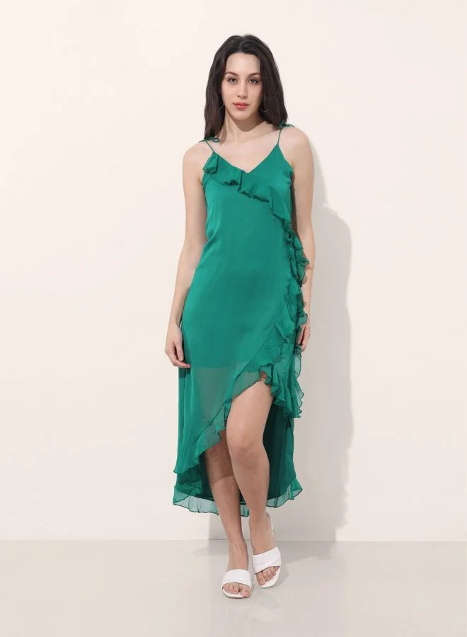 Freehand  Women Fit and Flared Solid V-Neck Sleeveless Asymmetric Dress for Women | Best Price UAE