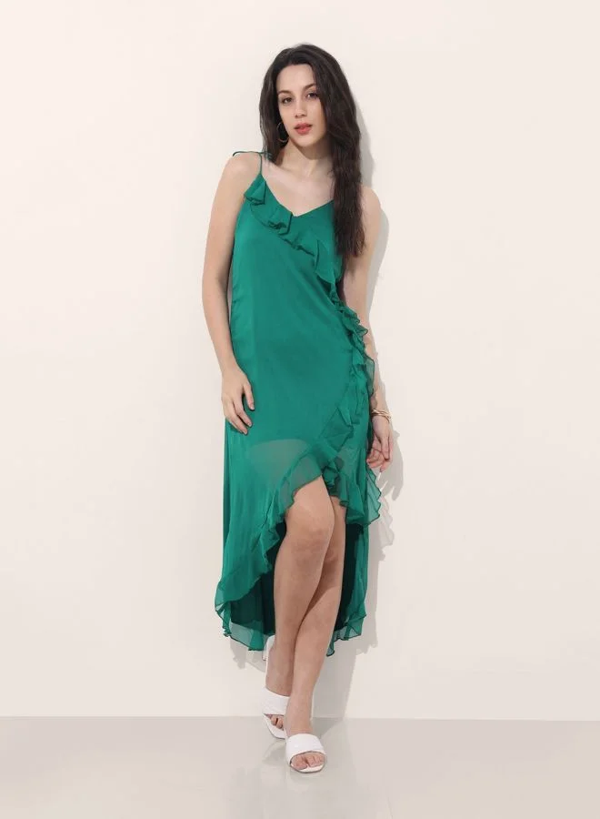 Women Fit and Flared Solid V-Neck Sleeveless Asymmetric Dress