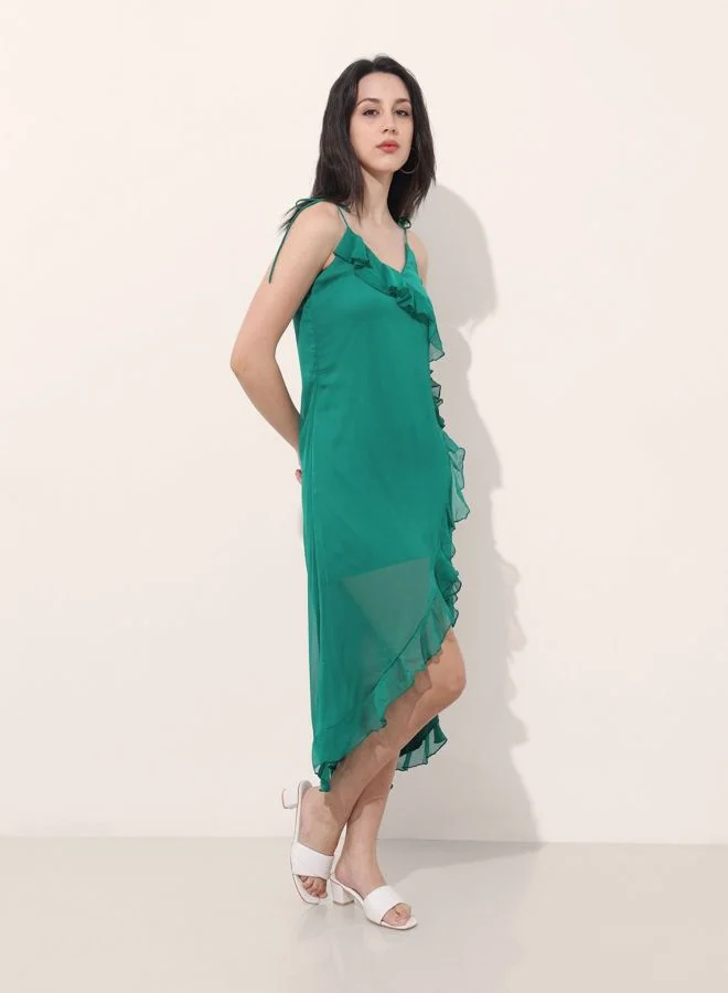 Freehand  Women Fit and Flared Solid V-Neck Sleeveless Asymmetric Dress for Women | Best Price UAE