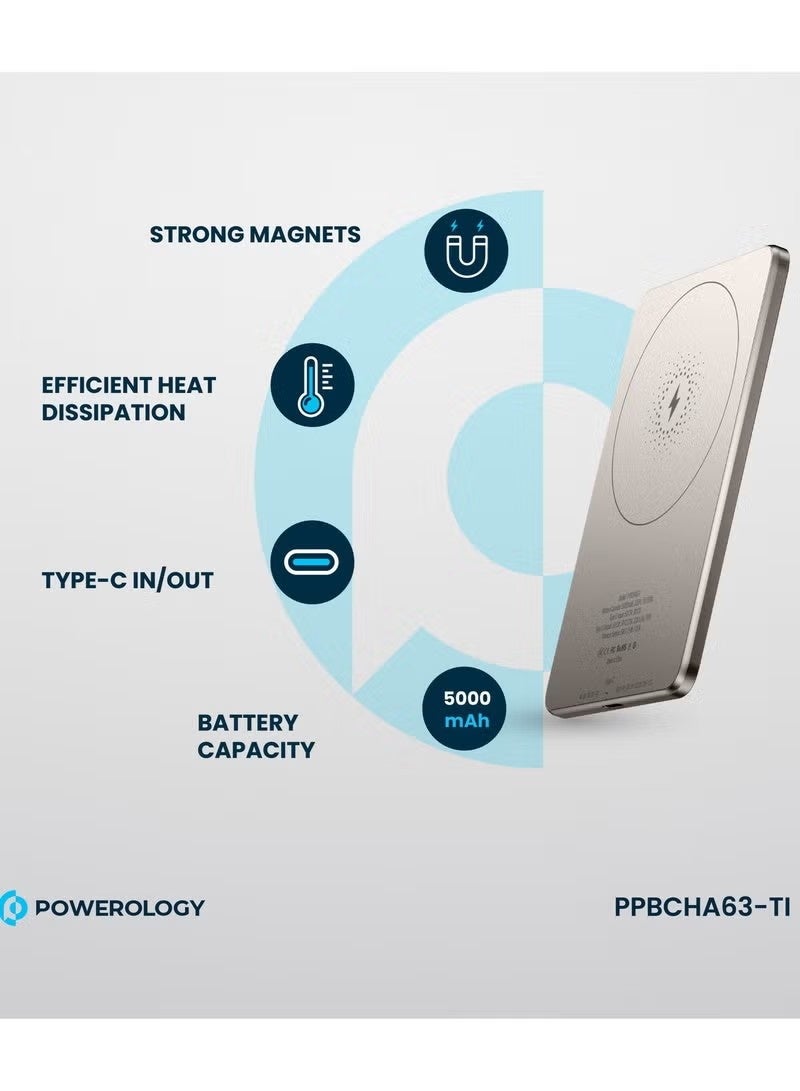 Powerology بنك طاقة محمول فائق النحافة MagSafe سعة 5000mAh، شاحن لاسلكي بقوة 15W، شاحن USB-C بقوة 20W، مزود بحماية مدمجة، مغناطيسات قوية، شحن سريع، USB-C إدخال وإخراج - تيتانيوم - Image 2