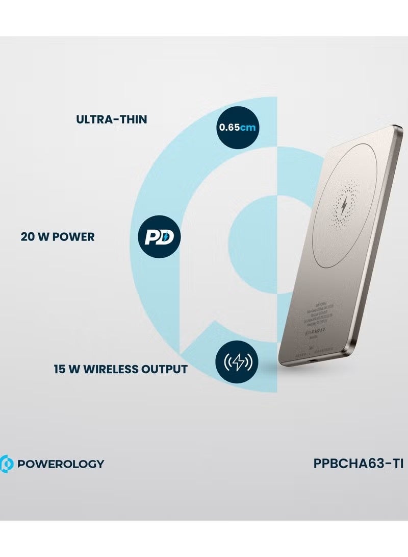 Powerology بنك طاقة محمول فائق النحافة MagSafe سعة 5000mAh، شاحن لاسلكي بقوة 15W، شاحن USB-C بقوة 20W، مزود بحماية مدمجة، مغناطيسات قوية، شحن سريع، USB-C إدخال وإخراج - تيتانيوم - Image 3