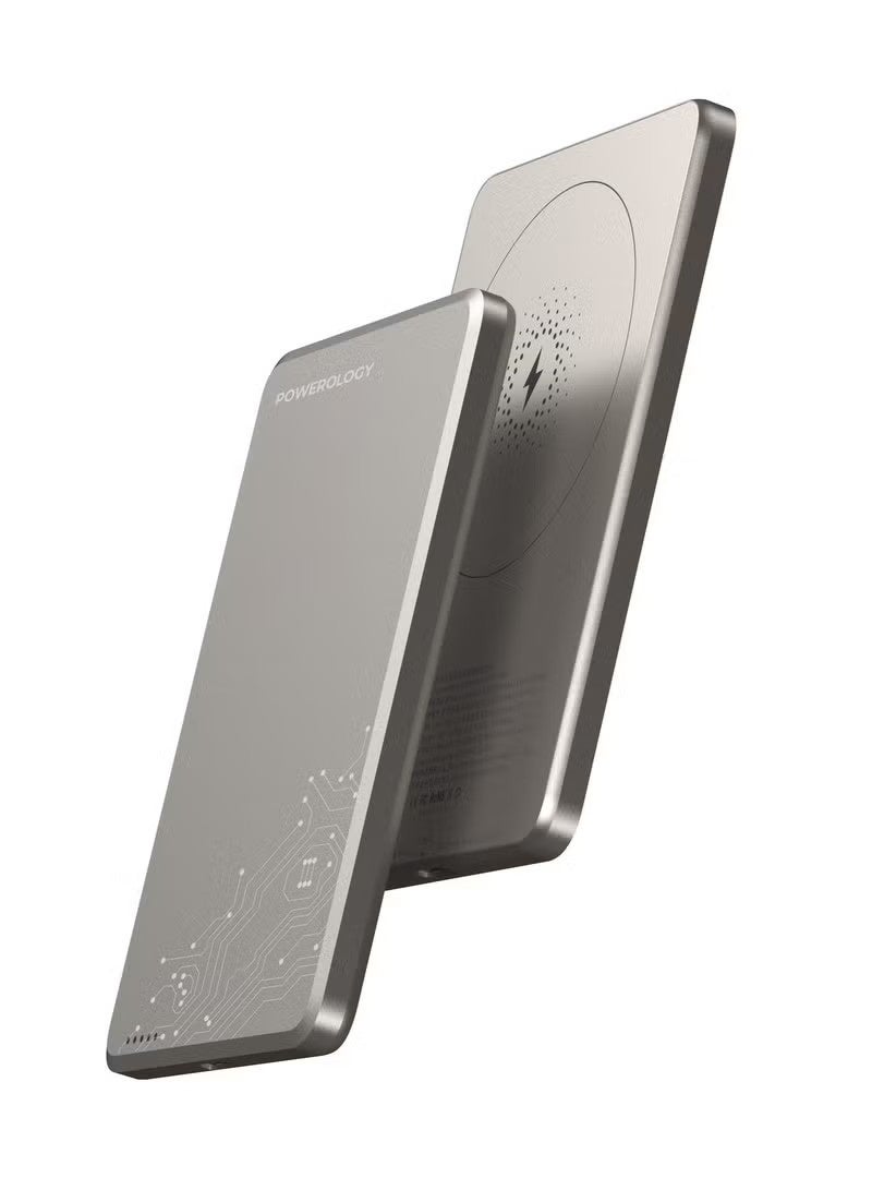 Powerology بنك طاقة محمول فائق النحافة MagSafe سعة 5000mAh، شاحن لاسلكي بقوة 15W، شاحن USB-C بقوة 20W، مزود بحماية مدمجة، مغناطيسات قوية، شحن سريع، USB-C إدخال وإخراج - تيتانيوم - Image 4