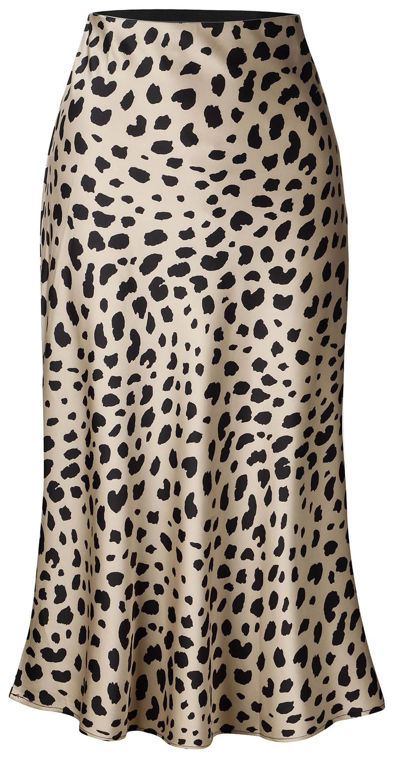Keasmto Leopard Skirt for Women Midi Length High Waist Silk Satin Elasticized Cheetah Skirts M - Image 1