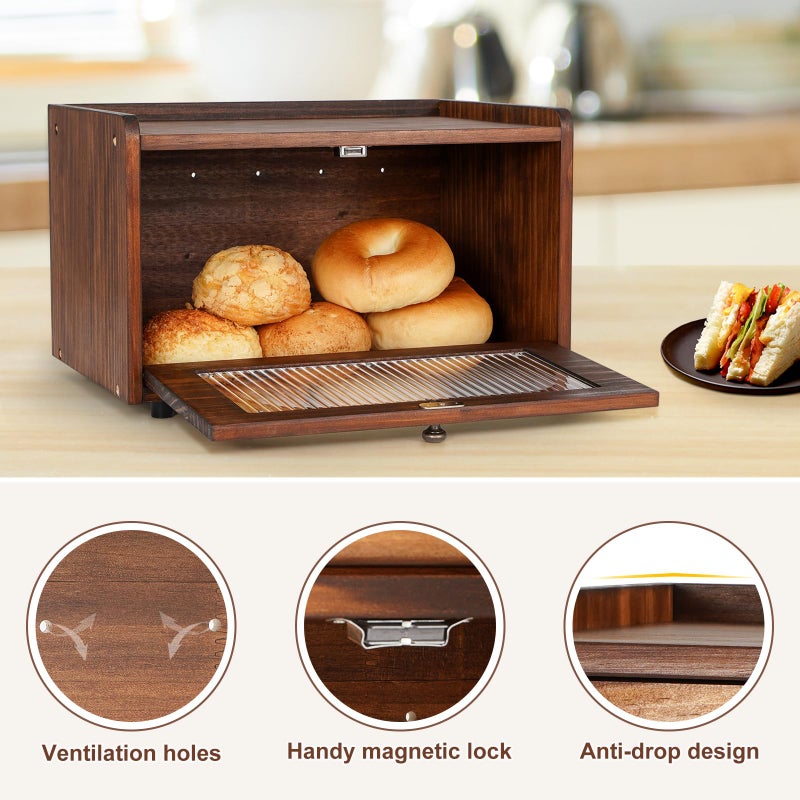 Sunhoo Bread Box for Kitchen Countertop Storage Wooden Breadbox Holder Container Morden Rustic Fresh Bread Keeper Farmhouse Stackable Organizer Bin for Homemade Food Shelf Acrylic Window (Brown) - Image 5