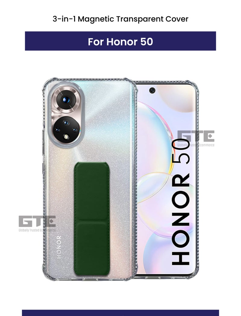 3-in-1 Magnetic Transparent Wrist Strap Hand Grip Stand Back Case Cover for Honor 50 5G, Finger Grip Soft Cover,Stand Holder TPU Case,Kickstand-Clear/Green
