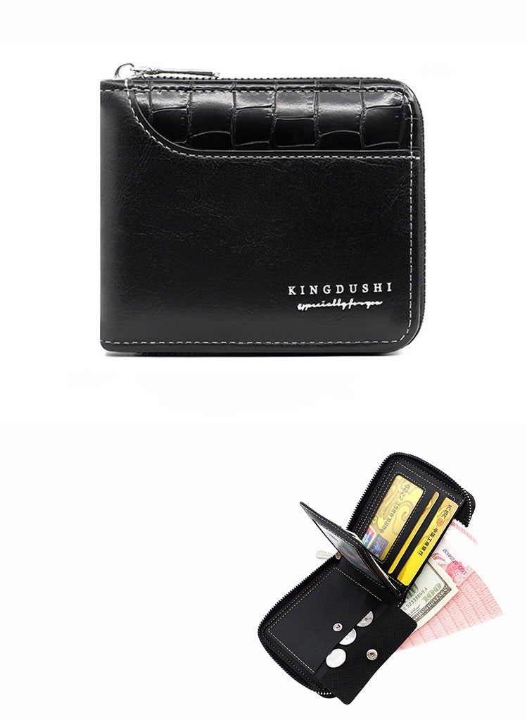 Kingdushi Men's Wallet Zipper Wallet Retro Wallet Short Wallet with 6 Card Slots and 1 Coin Pocket Father's Day Gift Credit Card Holder(Black) - Image 1