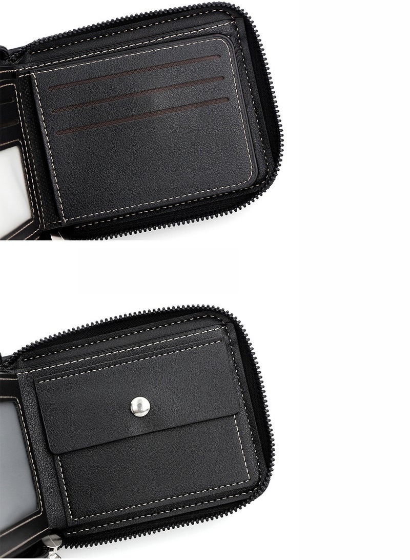 Kingdushi Men's Wallet Zipper Wallet Retro Wallet Short Wallet with 6 Card Slots and 1 Coin Pocket Father's Day Gift Credit Card Holder(Black) - Image 5