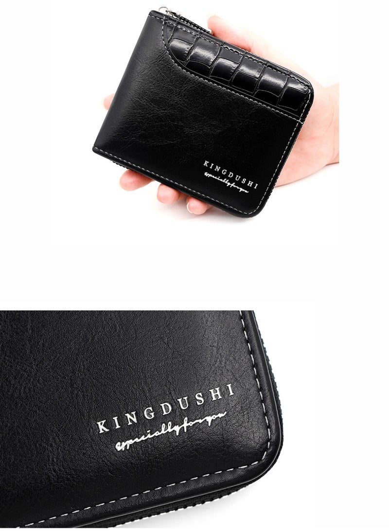 Kingdushi Men's Wallet Zipper Wallet Retro Wallet Short Wallet with 6 Card Slots and 1 Coin Pocket Father's Day Gift Credit Card Holder(Black) - Image 2