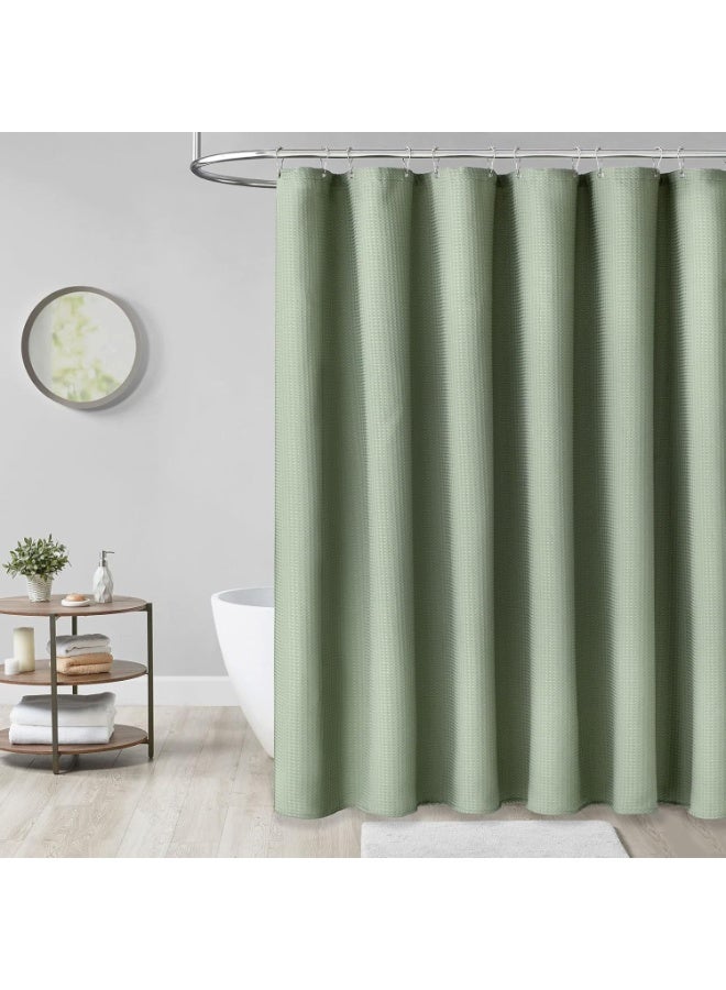 Beauenty Green Shower Curtain - Waffle Textured Heavy Duty Thick Fabric Shower Curtains for Bathroom, 256GSM Luxury Weighted Polyester Cloth Bath Curtain Set with 12 Plastic Hooks，71Wx71H,Green - Image 3
