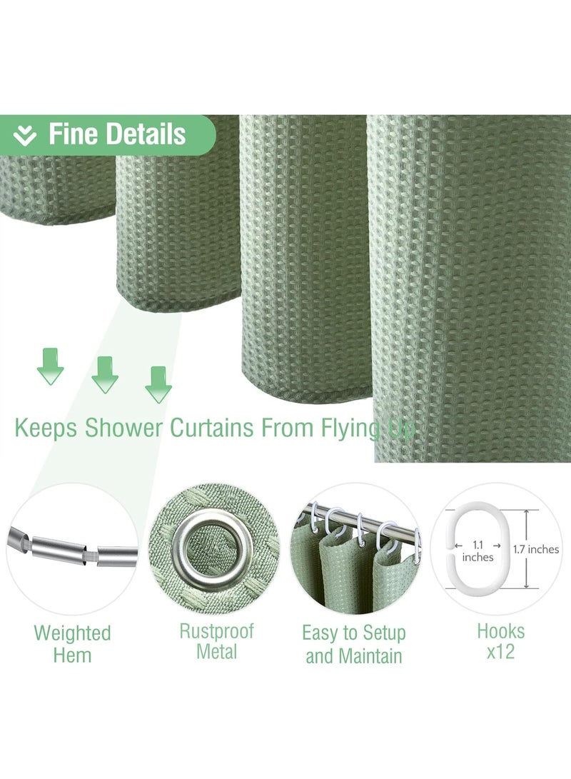 Beauenty Green Shower Curtain - Waffle Textured Heavy Duty Thick Fabric Shower Curtains for Bathroom, 256GSM Luxury Weighted Polyester Cloth Bath Curtain Set with 12 Plastic Hooks，71Wx71H,Green - Image 5