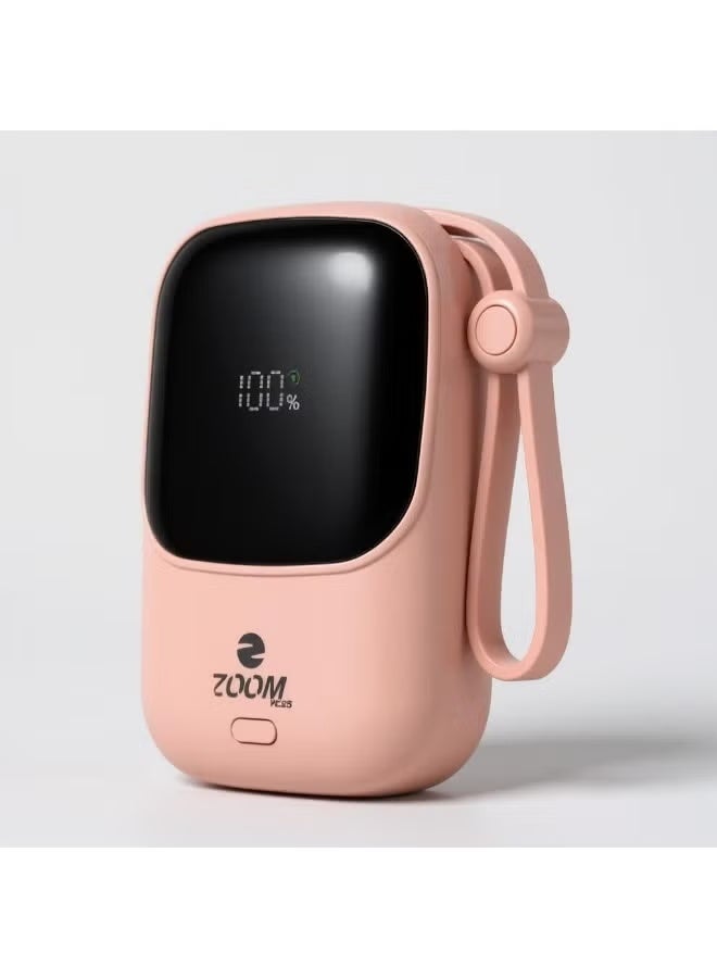 Zoom Plus Pink portable power bank, 10000mAh capacity, 22.5W output, with Lightning cable, Type-C cable, and built-in digital display. - Image 1