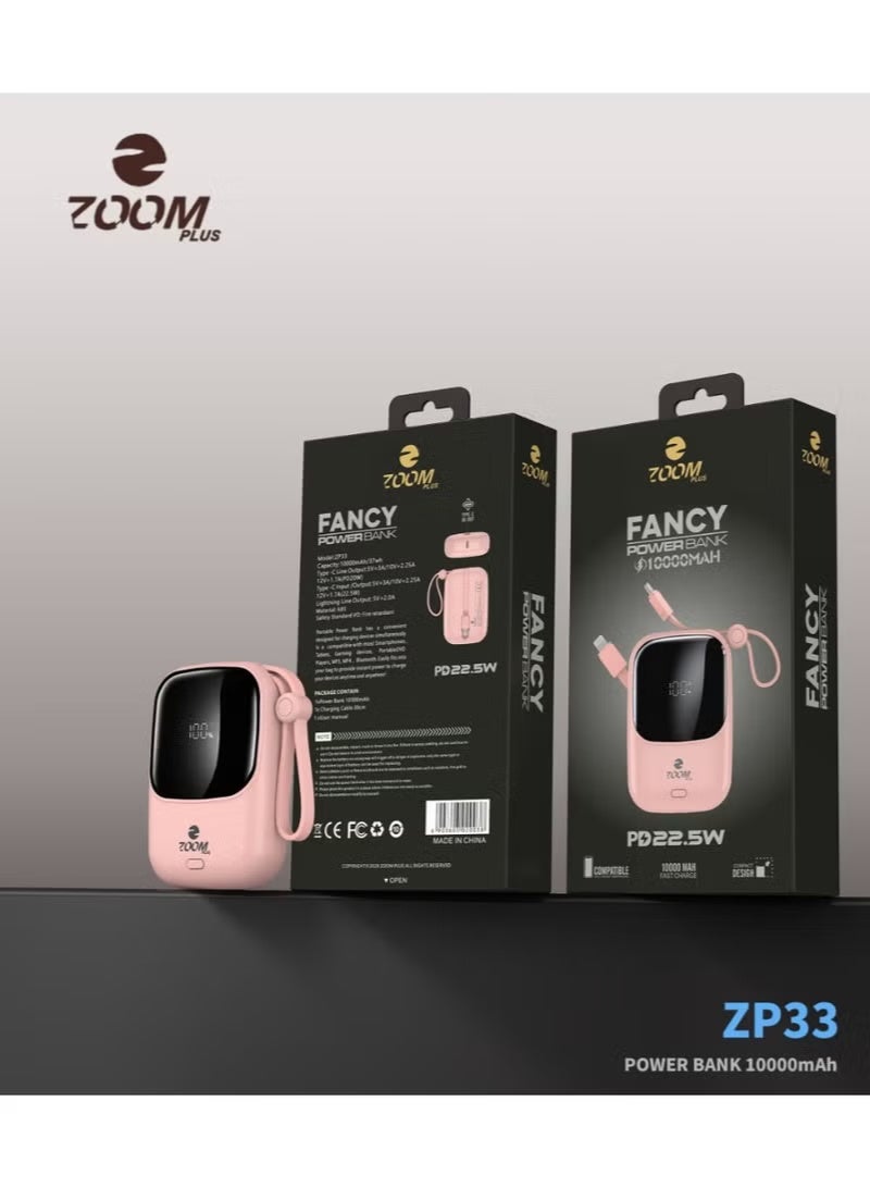 Zoom Plus Pink portable power bank, 10000mAh capacity, 22.5W output, with Lightning cable, Type-C cable, and built-in digital display. - Image 3