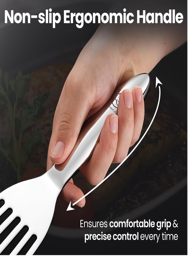 Gourmet Easy طقم ملاعق تقليب السمك من الفولاذ المقاوم للصدأ - ملعقة تقليب سمك كبيرة + ملعقة معدنية صغيرة، حافة رفيعة للغاية لسهولة التقليب والتحريك، أدوات مطبخ معدنية بمقبض مريح مانع للانزلاق، آمنة للغسل في غسالة الأطباق - Image 4