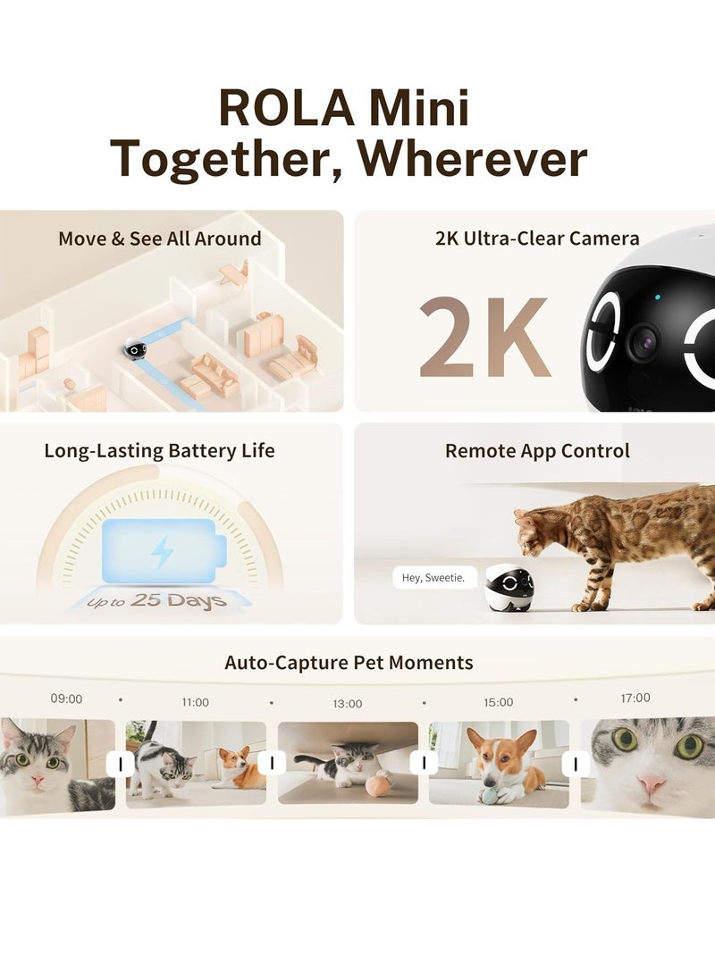 Enabot® ROLA Mini 2K Camera Robot: Moving Pet Camera, Up to 25 Days Battery Life, Built-in Call Button, Two-Way Audio. [Full Pack Loaded + !2 Months International Warranty]