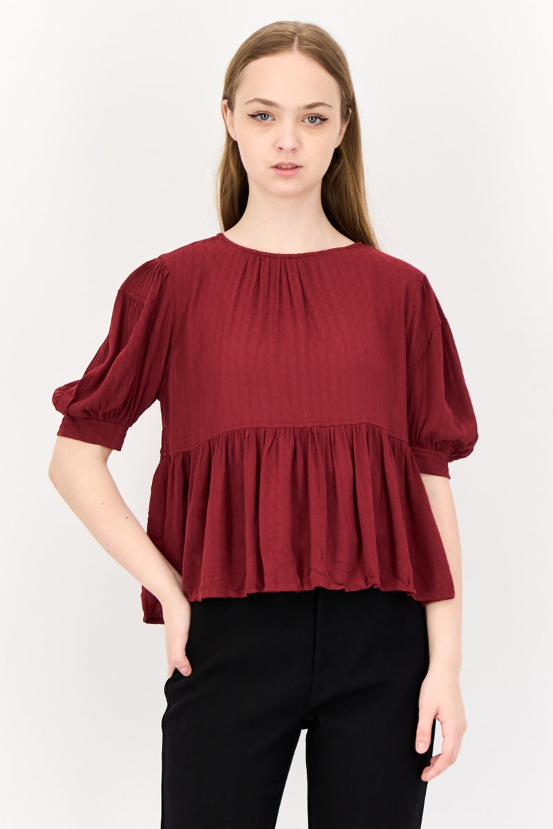 ONLY Women Round Neck Short Sleeves Textured Peplum Top, Maroon - Image 1