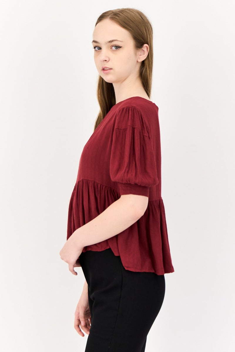 ONLY Women Round Neck Short Sleeves Textured Peplum Top, Maroon - Image 3