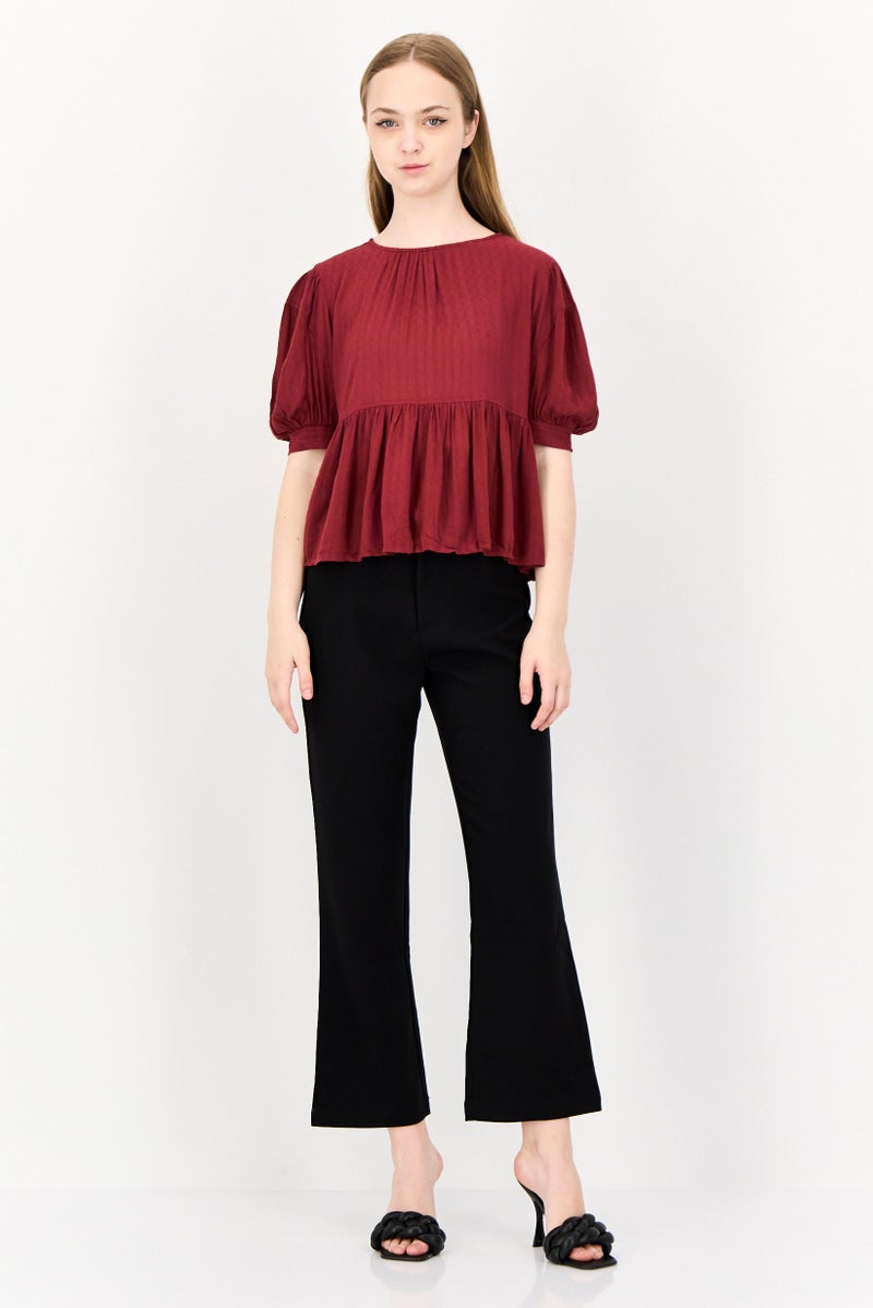 ONLY Women Round Neck Short Sleeves Textured Peplum Top, Maroon - Image 4