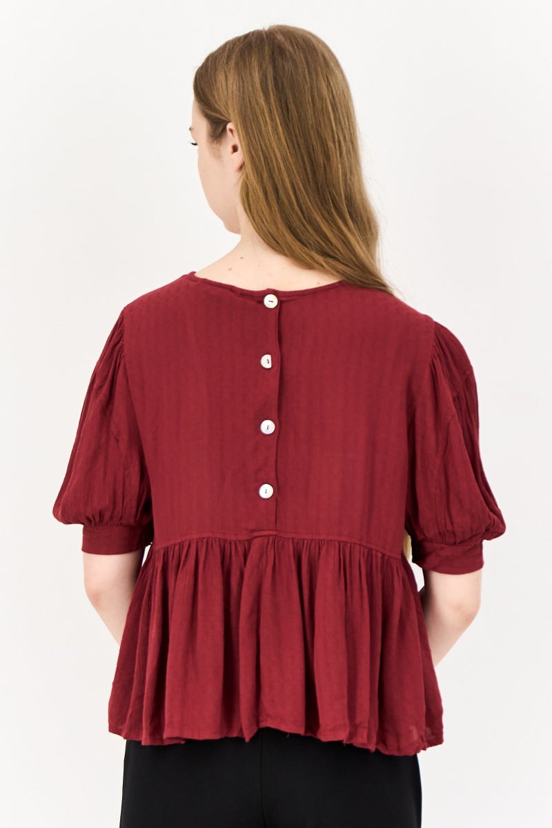 ONLY Women Round Neck Short Sleeves Textured Peplum Top, Maroon - Image 2