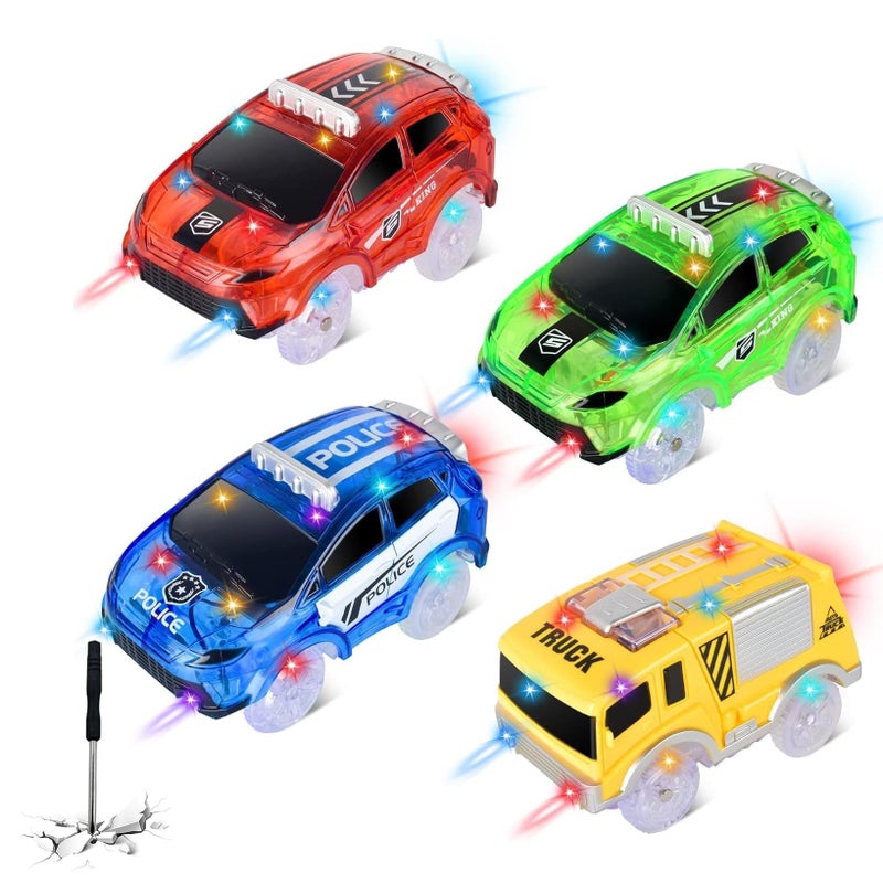 INLAIER Track Cars Only Replacement Glow in The Dark with 5 Flashing LED Lights Light Up Tracks Cars Flex Race Car Compatible with Most Race Tracks for Kids 4pack with Screwdriver - Image 2