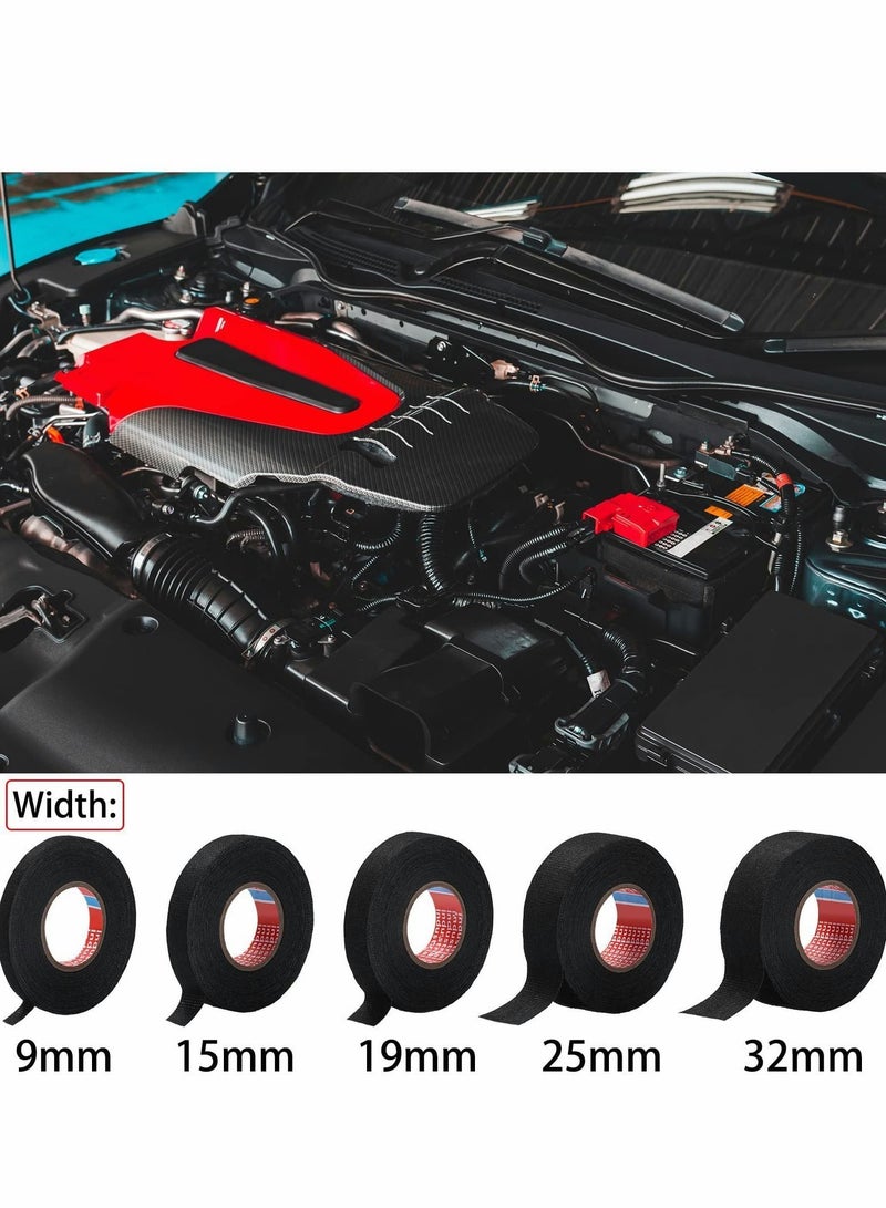 Wire Harness Tape, Automotive Heat Resistant Fabric Black Cloth Electrical High Temperature Tape for Wrap Protection Noise Damping Cable Fixing Width 1/3" to 1.25" 5 Rolls
