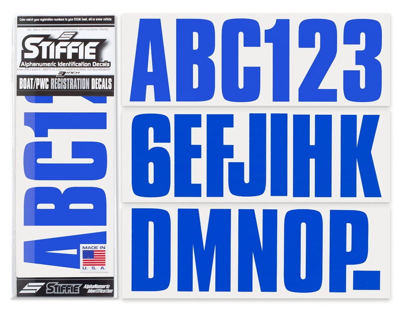 STIFFIE Uniline Blue 3" Boat & PWC Registration Decals • Numbers Letters Stickers - Image 1