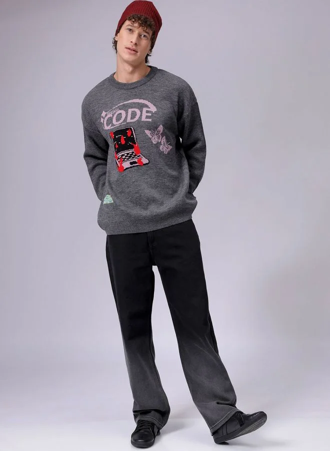 شركة المرآب الهندية Men Oversized Graphic Crew Neck Sweater