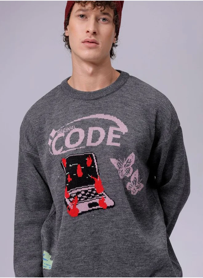 شركة المرآب الهندية Men Oversized Graphic Crew Neck Sweater