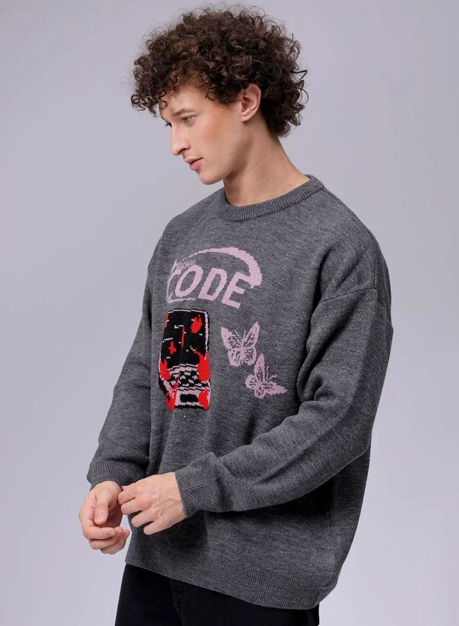 شركة المرآب الهندية Men Oversized Graphic Crew Neck Sweater