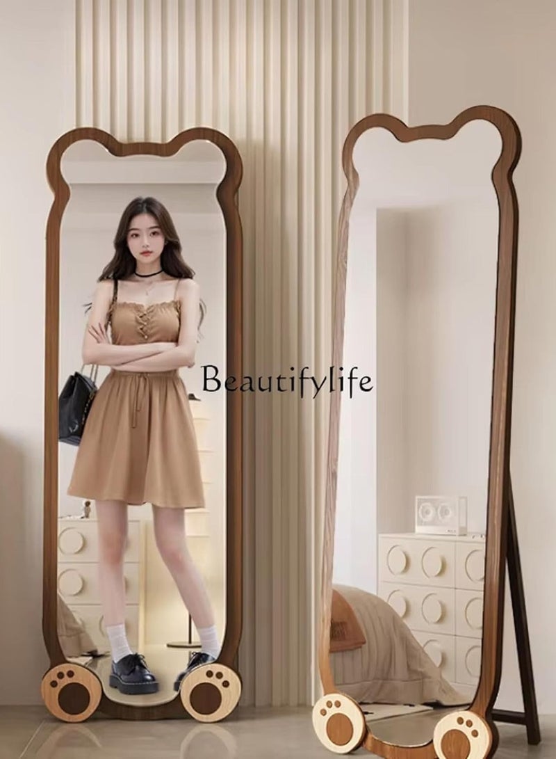 ديكور هيلز مرآة بتصميم دب بطول كامل - مرآة بإطار على شكل حيوان لطيف مع قاعدة على شكل آذان دب ومخلب، حامل قابل للطي، مثبتة على الحائط والأرضية، مناسبة لغرفة النوم، غرفة الأطفال، الحضانة، غرفة اللعب - لون الخشب الطبيعي - Image 2