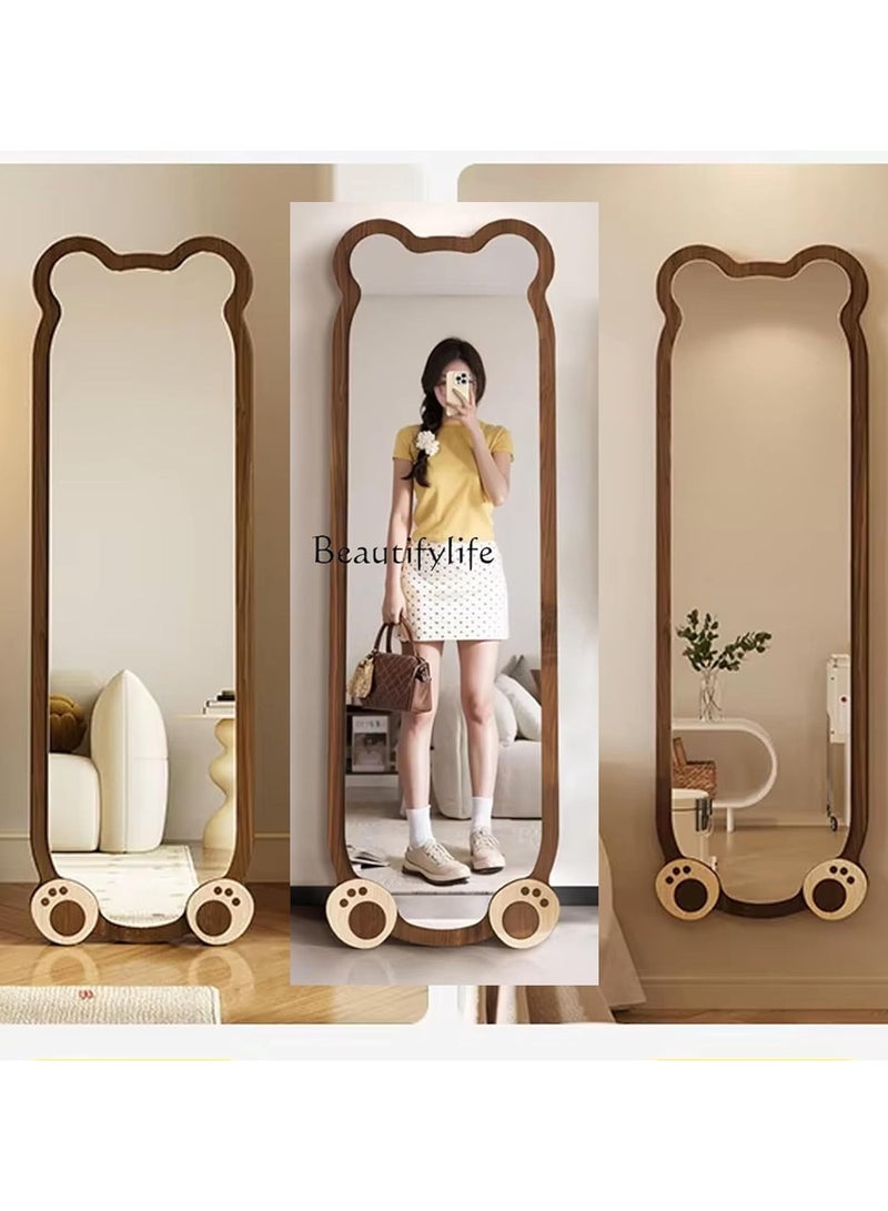 ديكور هيلز مرآة بتصميم دب بطول كامل - مرآة بإطار على شكل حيوان لطيف مع قاعدة على شكل آذان دب ومخلب، حامل قابل للطي، مثبتة على الحائط والأرضية، مناسبة لغرفة النوم، غرفة الأطفال، الحضانة، غرفة اللعب - لون الخشب الطبيعي - Image 3