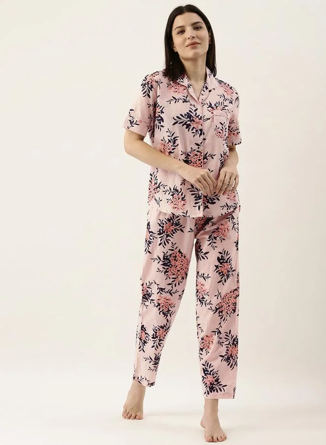 sanskrutihomes Pink Floral Print Cotton Shirt and Pyjama Set